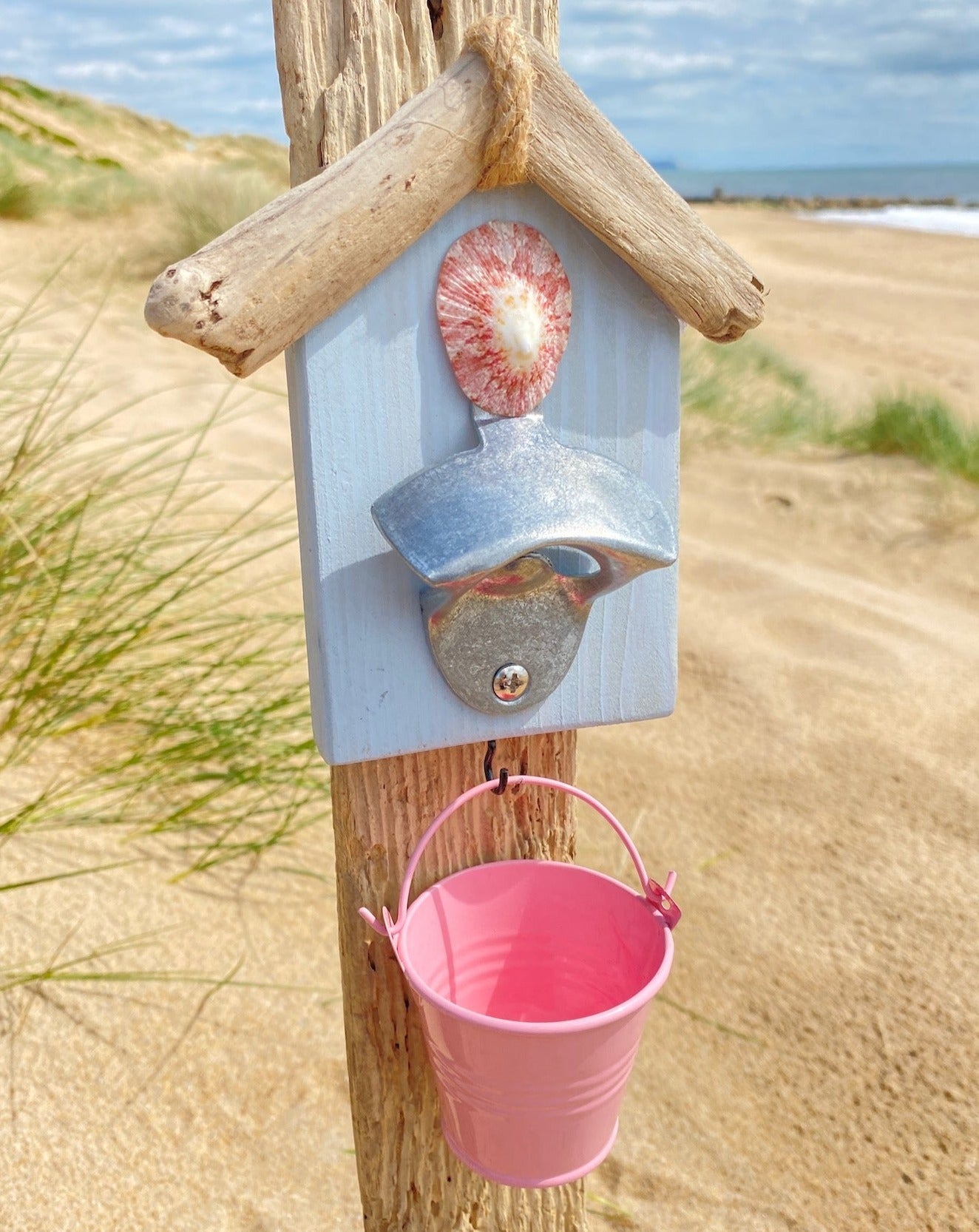 Driftwood Beach Hut Bottle Opener with Bucket - Mini - Various Colours - Drift Craft by Jo