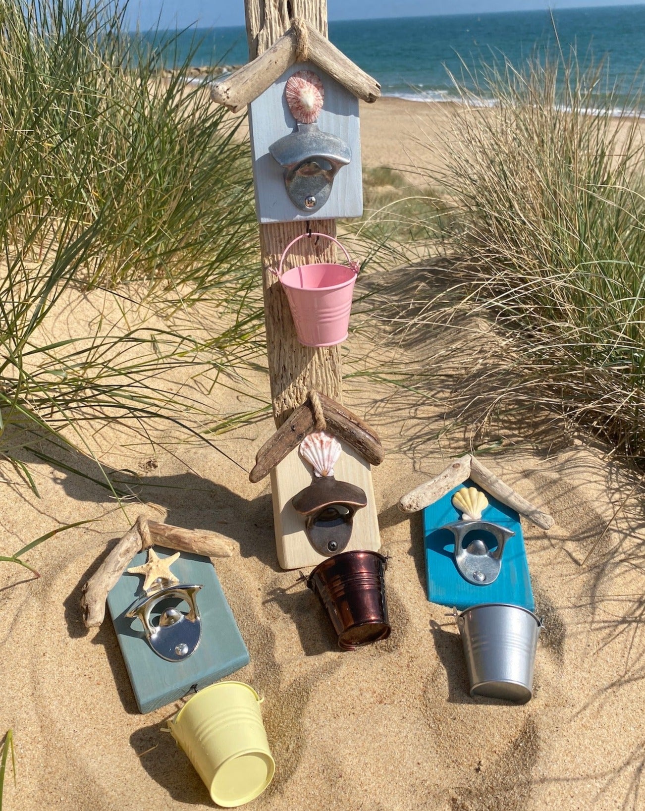 Driftwood Beach Hut Bottle Opener with Bucket - Mini - Various Colours - Drift Craft by Jo