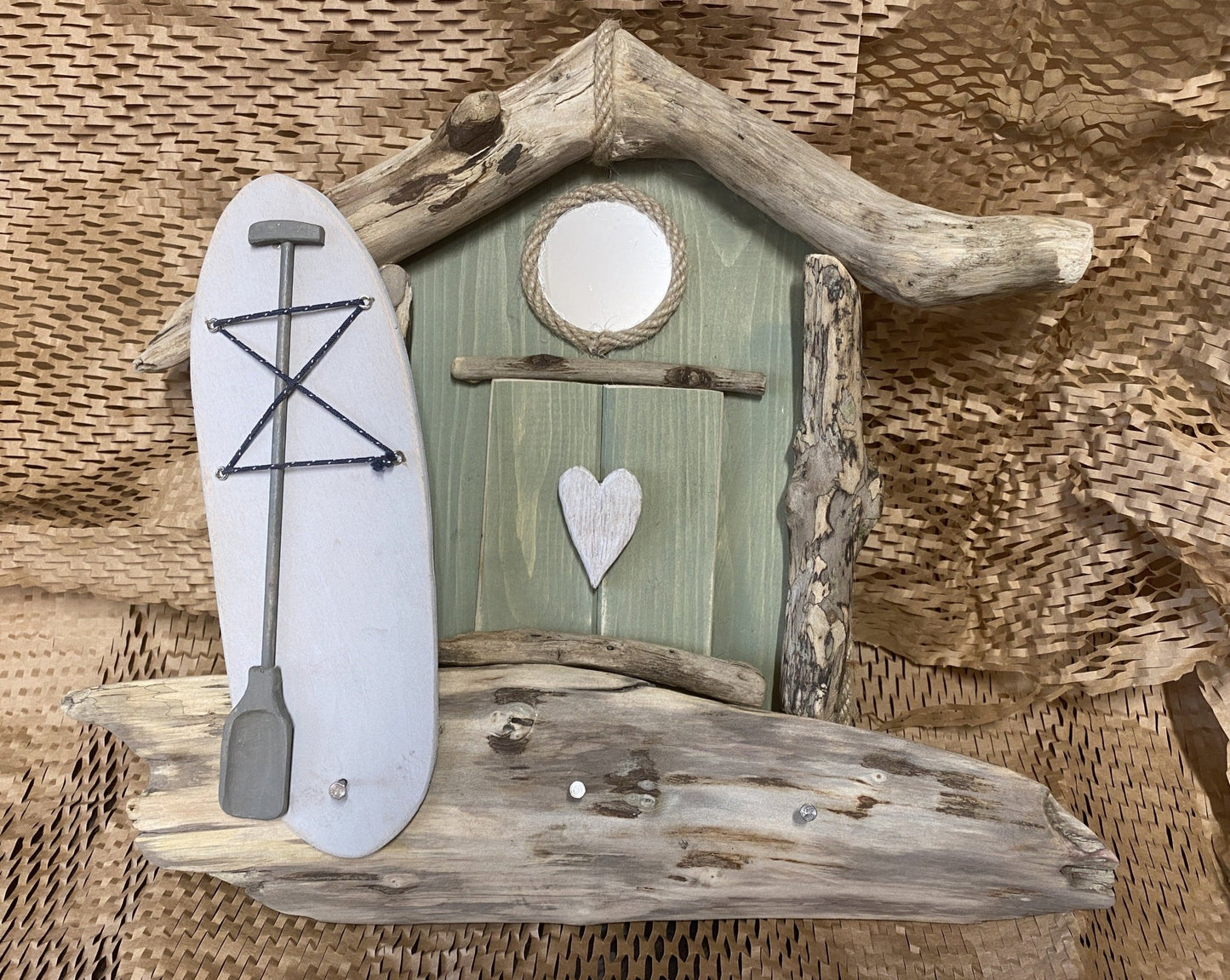 Driftwood Beach Hut with Paddleboard and Key Hooks - Green - Drift Craft by Jo